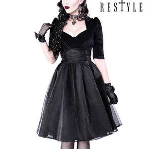 Restyle Black dress pin up 50' heart neckline, organza R-14 BLACK VELVET DRESS